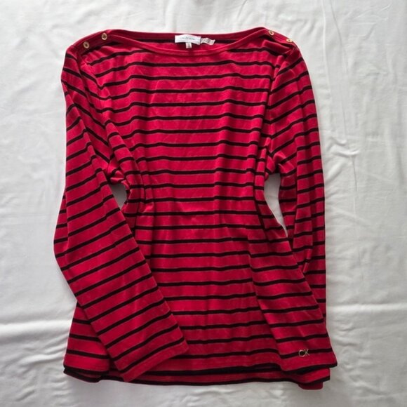 Calvin Klein Breton Stripe Boat Neck Top Gold Button XL - Picture 1 of 9